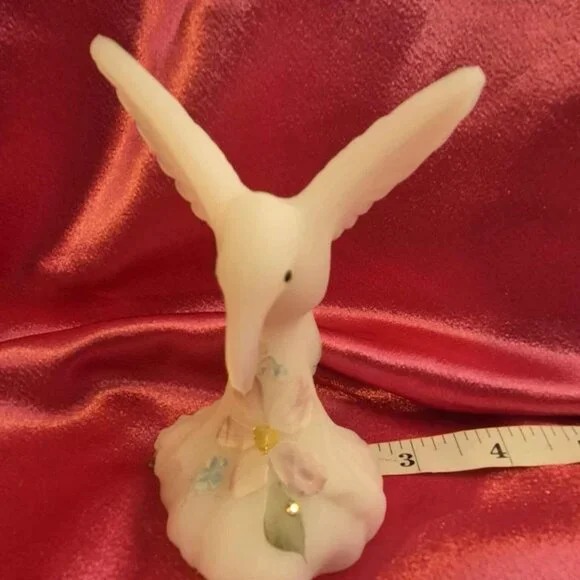 Fenton Hummingbird Opal Satin Glass Figurine Hand-Painted with Crystal Dewdrops